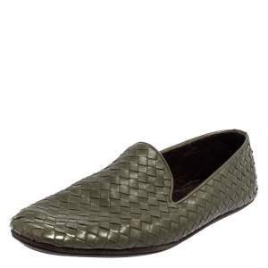 Pre Owned Bottega Veneta Green Intrecciato Leather Smoking Slippers Size 43