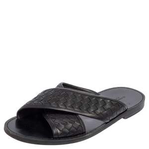 Pre Owned Bottega Veneta Black Intrecciato Leather Cross Strap Flat Slides Size 42