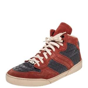 Bottega Veneta Red/Grey Suede And Intrecciato Leather High Top Sneakers Size 43