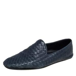 Pre Owned Bottega Veneta Blue Intrecciato Leather Smoking Slippers Size 43