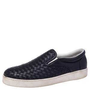 Bottega Veneta Navy Blue Intrecciato Leather Dodger Slip-on Sneakers Size 42