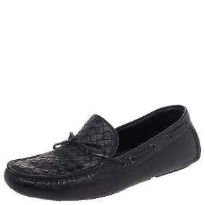 Pre Owned Bottega Veneta Black Intrecciato Leather Cervo Wave Driver Bow Slip On Loafers Size 40