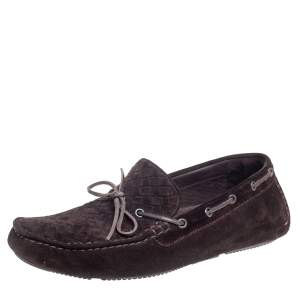 Pre Owned Bottega Veneta Dark Brown Intrecciato Leather Bow Slip On Loafers Size 43