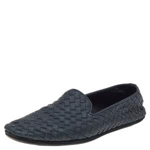 Pre Owned Bottega Veneta Navy-Blue Intrecciato Leather Smoking Slippers Size 40