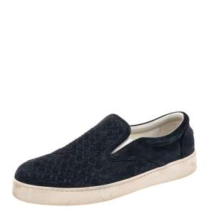 Bottega Veneta Navy Blue Intrecciato Suede Slip On Sneakers Size 42