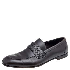 Pre Owned Bottega Veneta Brown Leather Wave Driver Intrecciato Detail Slip on Loafers Size 44
