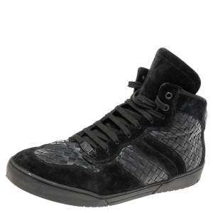 Bottega Veneta Black Suede And Intrecciato Leather High Top Lace Up Sneaker  Size 45