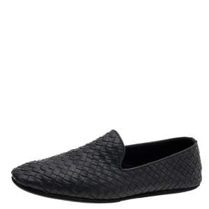 Pre Owned Bottega Veneta Black Intrecciato Leather Smoking Slippers Size 44