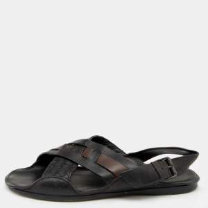 Pre Owned Bottega Veneta Black/Dark Brown Intrecciato Leather Criss Cross Flat Sandals Size 43