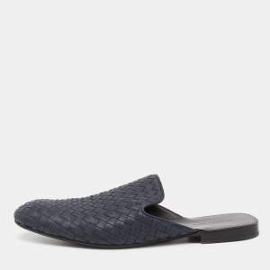 Bottega Veneta Navy Blue Intrecciato Leather Fiandra Flat Mules Size 42
