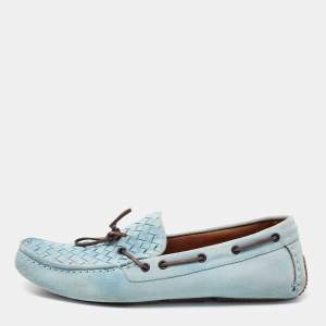 Pre Owned Bottega Veneta Light Blue Intrecciato Suede Bow Loafers Size 45.5