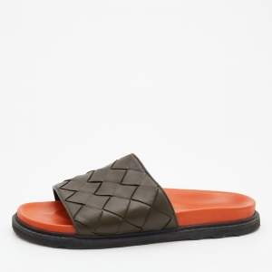 Bottega Veneta Olive Green Intrecciato Leather Speedster Flat Slides Size 45