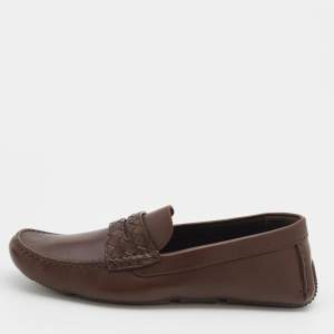 Bottega Veneta Brown Leather Wave Driver Intrecciato Detail Slip On Loafers Size 41