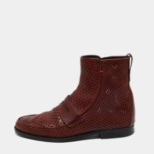 Bottega Veneta Burgundy Perforated Leather Ankle Length Boots Size 41