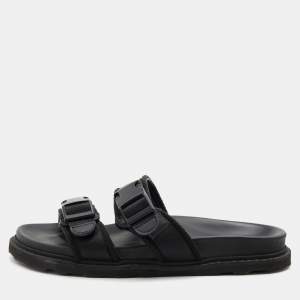 Bottega Veneta Black Fabric Logo Flat Slide Sandals Size 42