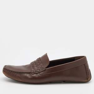 Bottega Veneta Brown Leather Wave Driver Intrecciato Penny Loafers Size 43