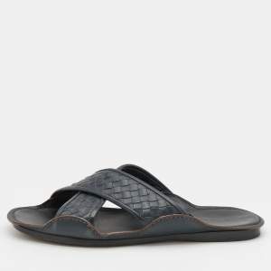 Bottega Veneta Dark Blue Intrecciato Leather Criss Cross Flat Slides Size 43