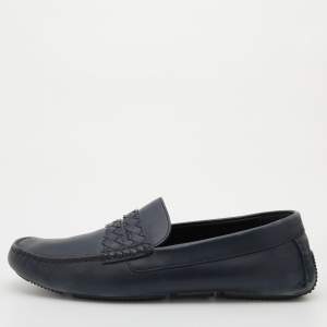 Bottega Veneta Navy Blue Leather Wave Driver Slip On Loafers Size 44.5