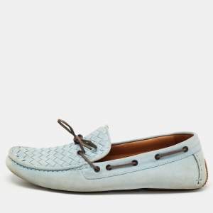 Bottega Veneta Light Blue Intrecciato Suede Bow Loafers Size 45
