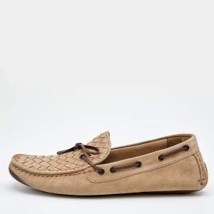 Bottega Veneta Beige Intrecciato Suede Bow Slip On Loafers Size 42.5