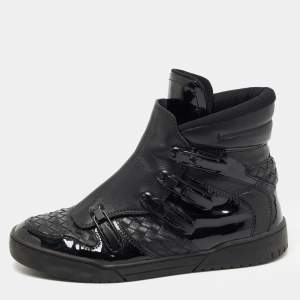 Bottega Veneta Black Woven Leather and Patent High Top Sneakers Size 41
