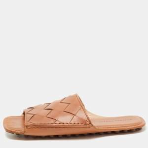 Bottega Veneta Brown Leather Intrecciato Weave Slide Sandals Size 44
