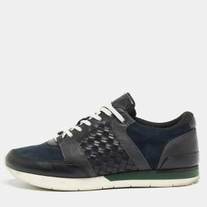 Bottega Veneta Navy Blue/Black Intrecciato Leather and Suede Lace Up Sneakers Size 43.5