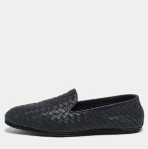 Bottega Veneta Navy Blue Intrecciato Leather Smoking Slippers Size 42