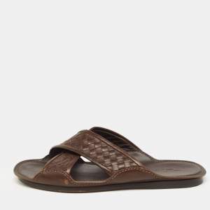 Bottega Veneta Brown Intrecciato Leather Cross Strap Slides Size 43