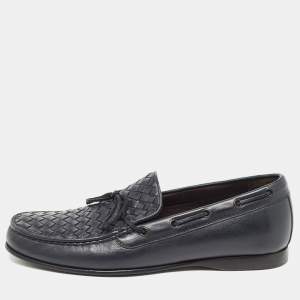 Bottega Veneta Navy Blue Leather Intrecciato Bow Loafers Size 43.5