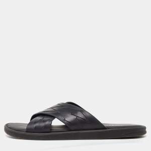 Bottega Veneta Black Woven Leather Cross Strap Flat Slides Size 43 