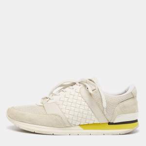 Bottega Veneta White/Grey Intrecciato Leather and Suede Lace Up Sneakers Size 42