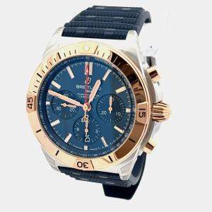 Pre Owned ساعة يد رجالية بريتلينغ كرونومات UB0134101C1S1 أوتوماتيكية من الستانلس ستيل وذهب وردي 18 قيراط أزرق 42 مم