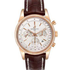 Breitling Silver Diamonds 18K Rose Gold Transocean RB0152 Men's Wristwatch 43 MM