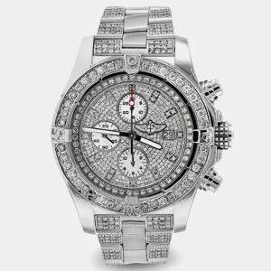 Breitling Customised Silver Diamond Stainless Steel Super Avenger A13370 Automatic Men's Wristwatch 48 mm