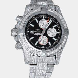 Breitling Customised Black 13.00 Ct Diamond Stainless Steel Super Avenger A13371 Automatic Men's Wristwatch 48mm