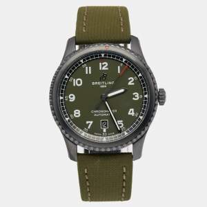 Breitling Green Black PVD Coated Stainless Steel Fabric Leather Aviator 8 Curtis Warhawk M173152A1L1X2 Men's Wristwatch 41 mm
