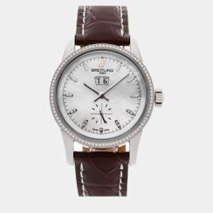 Breitling White Shell Stainless Steel Transocean A1631053/A765 Automatic Men's Wristwatch 38 mm