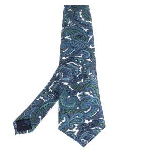 Brioni Blue Paisley Print Silk Tie