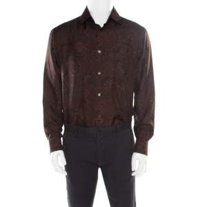 Brioni Brown Paisley Printed Silk Button Front Shirt L