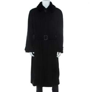 Brioni Black Cashmere Detachable Fur Collar Detail Belted Long Coat XXL