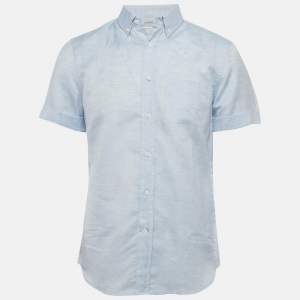 Brunello Cucinelli Light Blue Patterned Linen Blend Half Sleeve Shirt L