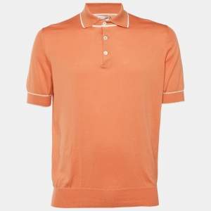 Pre Owned Brunello Cucinelli Orange Cotton Knit Polo T-Shirt L
