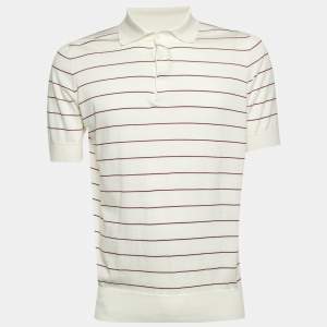 Pre Owned Brunello Cucinelli White Striped Cotton Knit Polo T-Shirt L