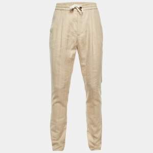Pre Owned Brunello Cucinelli Beige Striped Linen & Wool Drawstring Waist Trousers M
