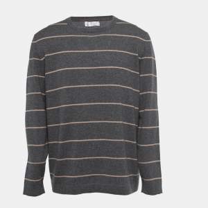 Brunello Cucinelli Grey Striped Cashmere Crew Neck Pullover XL