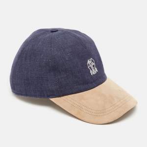 Brunello Cucinelli Blue/Beige Logo Embroidery Linen and Suede Baseball Cap M