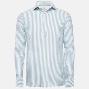 Brunello Cucinelli White/Blue Stripe Cotton Half Placket Shirt M