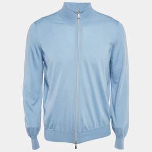 Brunello Cucinelli Blue Wool Blend Zip-Up Cardigan L