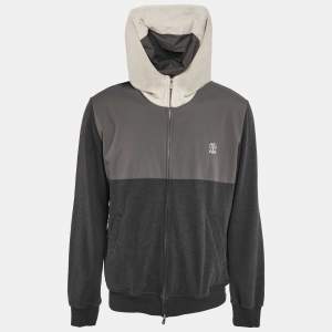 Brunello Cucinelli Grey Corduroy Trim Cotton and Nylon Hooded Jacket L